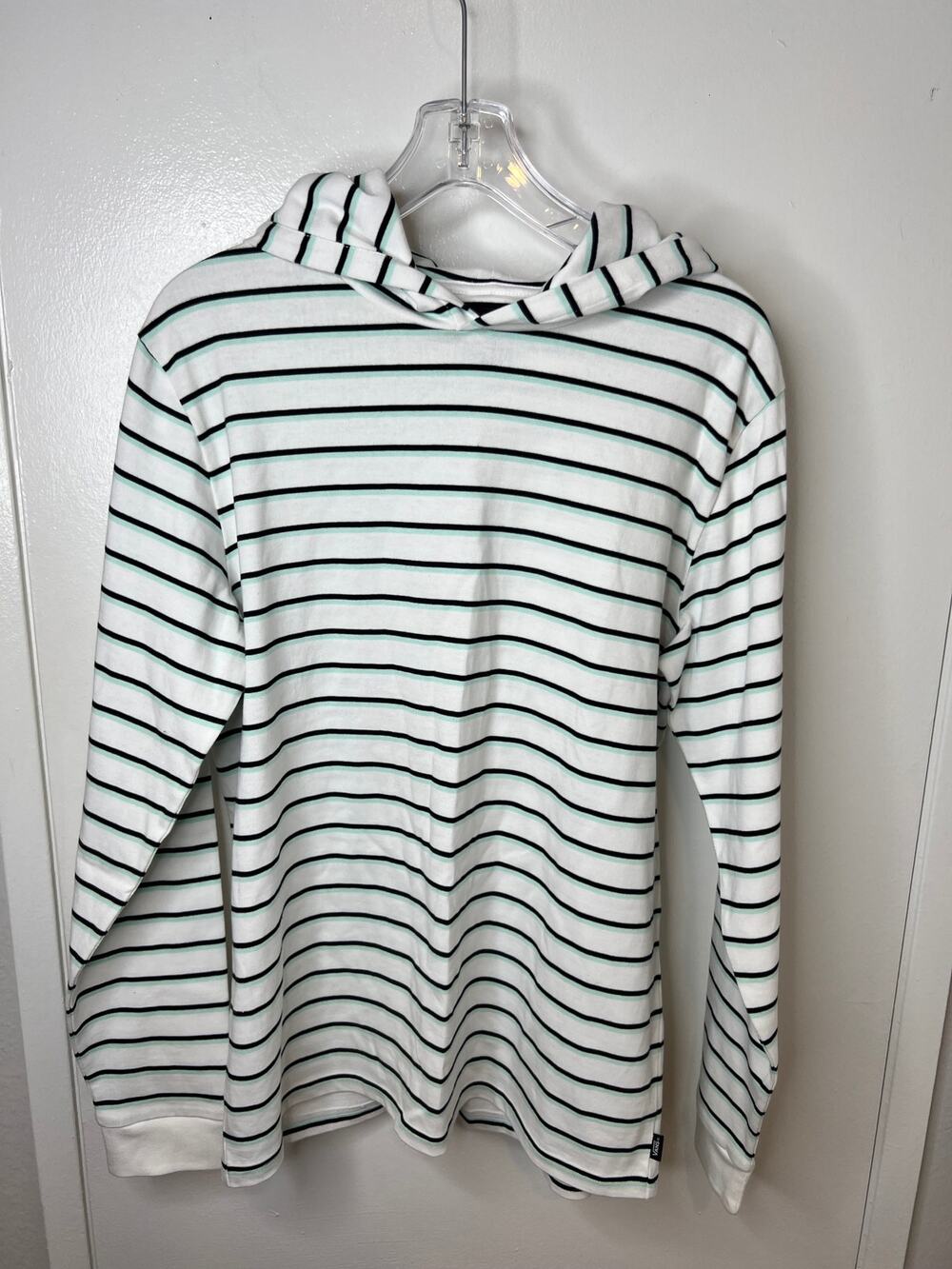 Vans Men's Long Sleeve Hooded Shirt White/Black/Mint Green Striped NEW ~ Size M